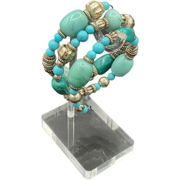 Azteca Native Necklace Gold Silver Tone Turquoise Cabochon Wire Wrap Bracelet - Picture 6 of 6